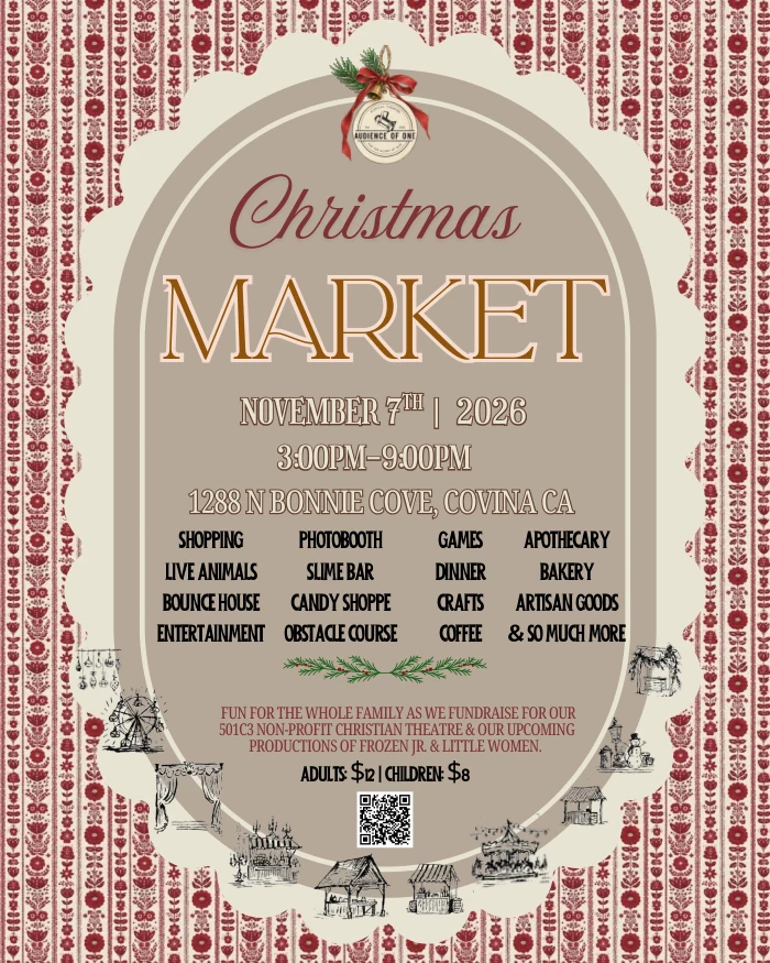 A1 Christmas Market flyer with burgundy florals and a vintage cream and taupe design. November 7, 2026, from 3 to 9 PM in Covina.