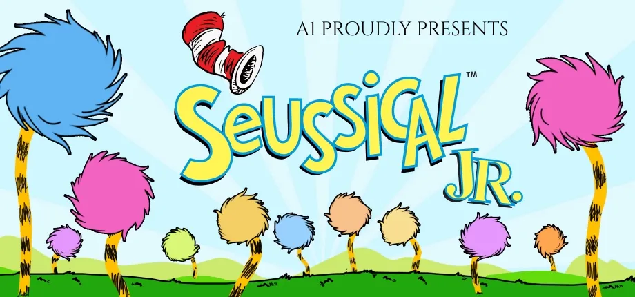 Seussical Jr. logo with the Cat in the Hat's hat and Truffula trees